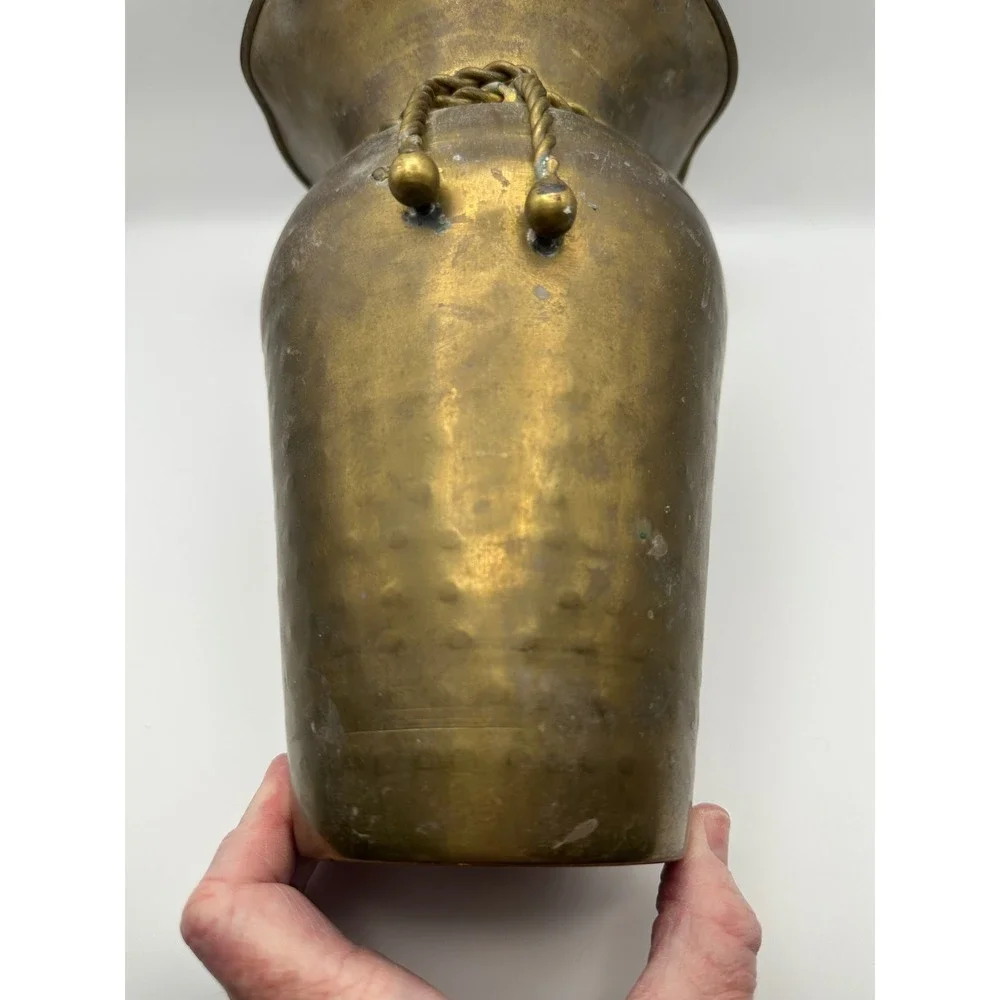 Vintage Hammered Brass Vase Ruffled Scalloped Rim Twisted Rope Detail 9‎ Inch